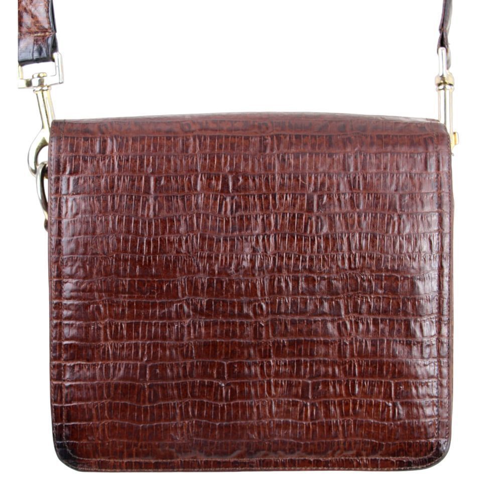 Neiman Marcus BROWN GENUINE LEATHER CROCO PRINT FLAP SHOULDER BAG X-BODY PURSE